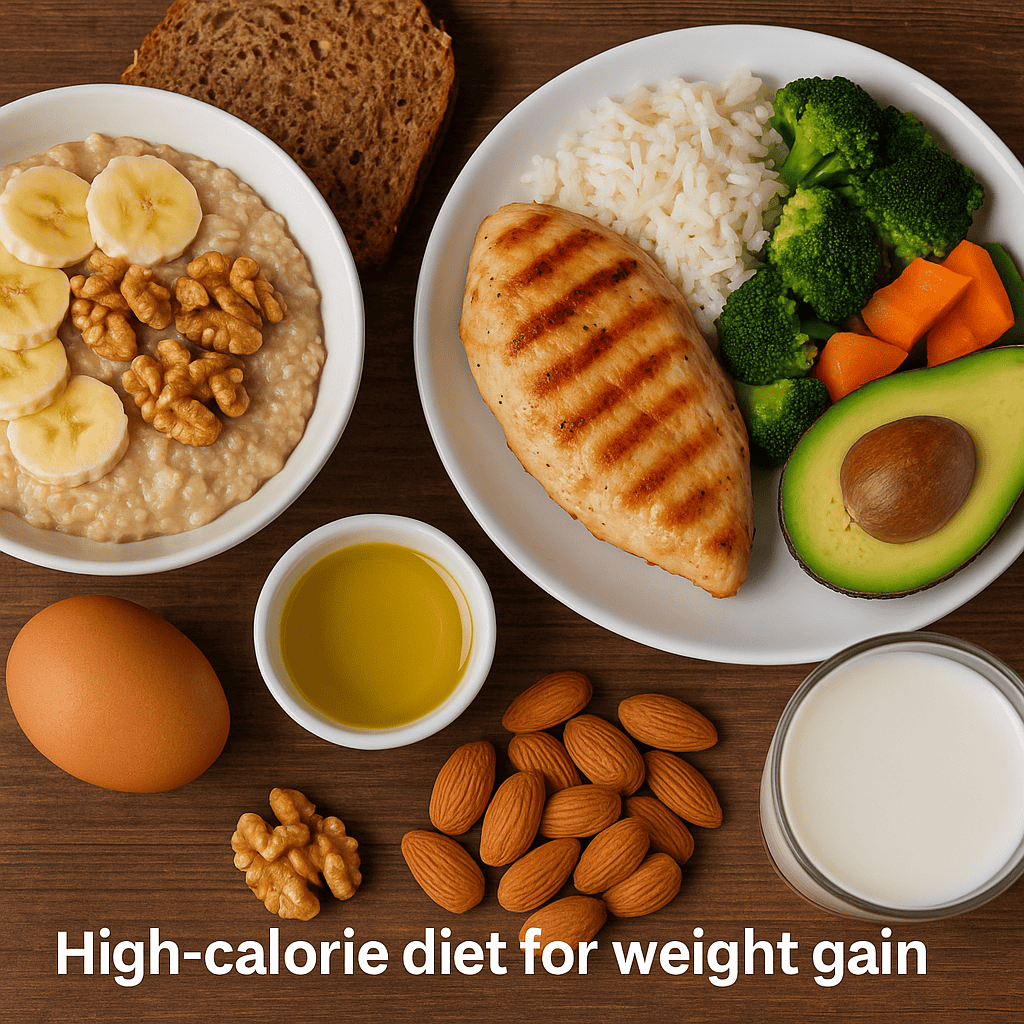 High-calorie diet infographic with weight gain tips and meal breakdown